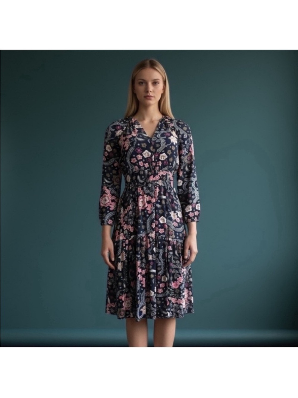 LOFT Women’s Navy Floral V-Neck Midi Dress